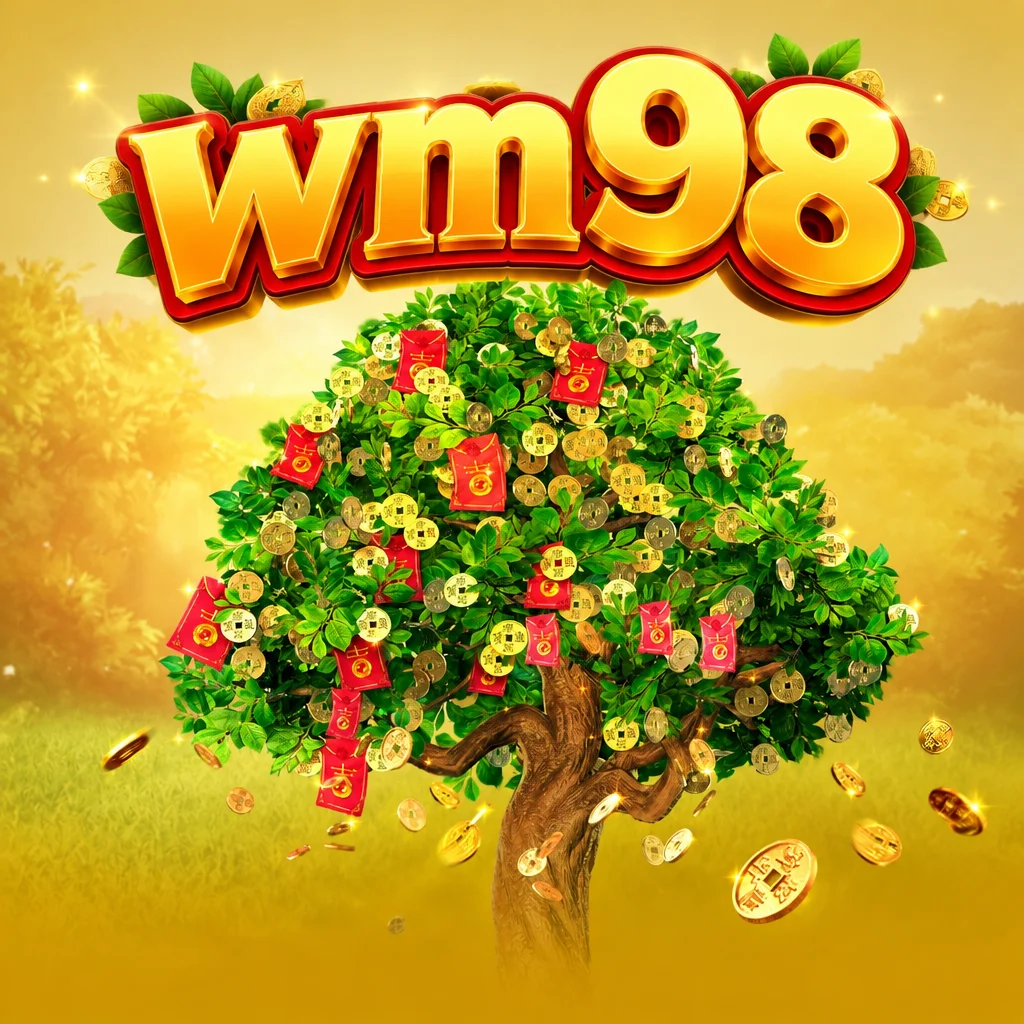 wm98 ภาพศิลปะต้นไม้แห่งโชคลาภสีทองและเหรียญมงคลในเกม Fortune Tree